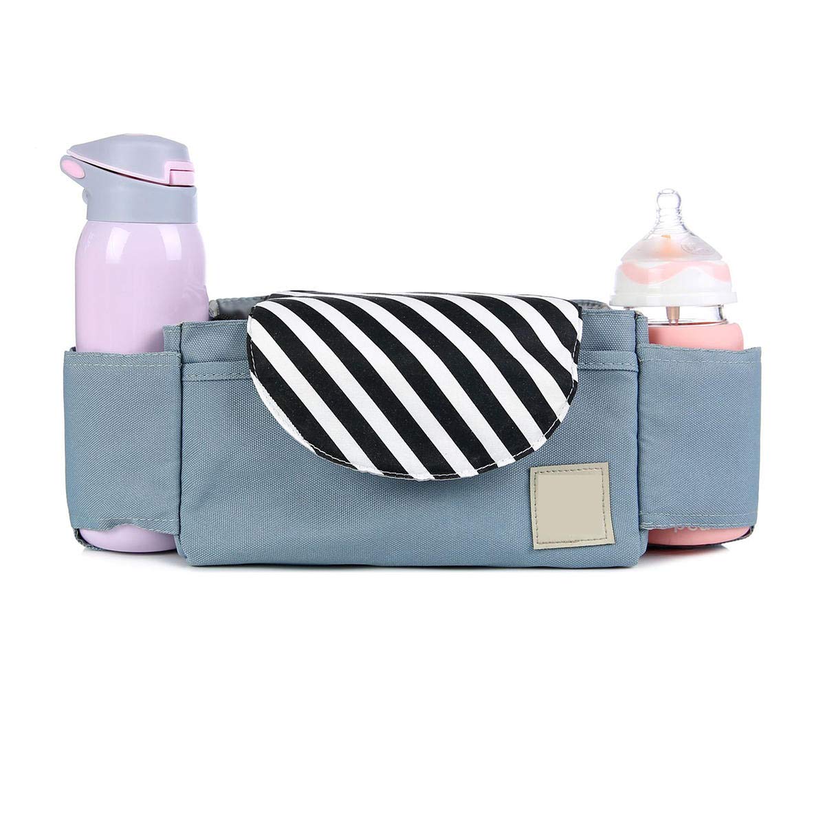 Outdoor Travel Baby Strollers Storage Bag Organizer Pram Buggy Pushchair Cup Diaper Hanging Pouch (Black Blue line)
