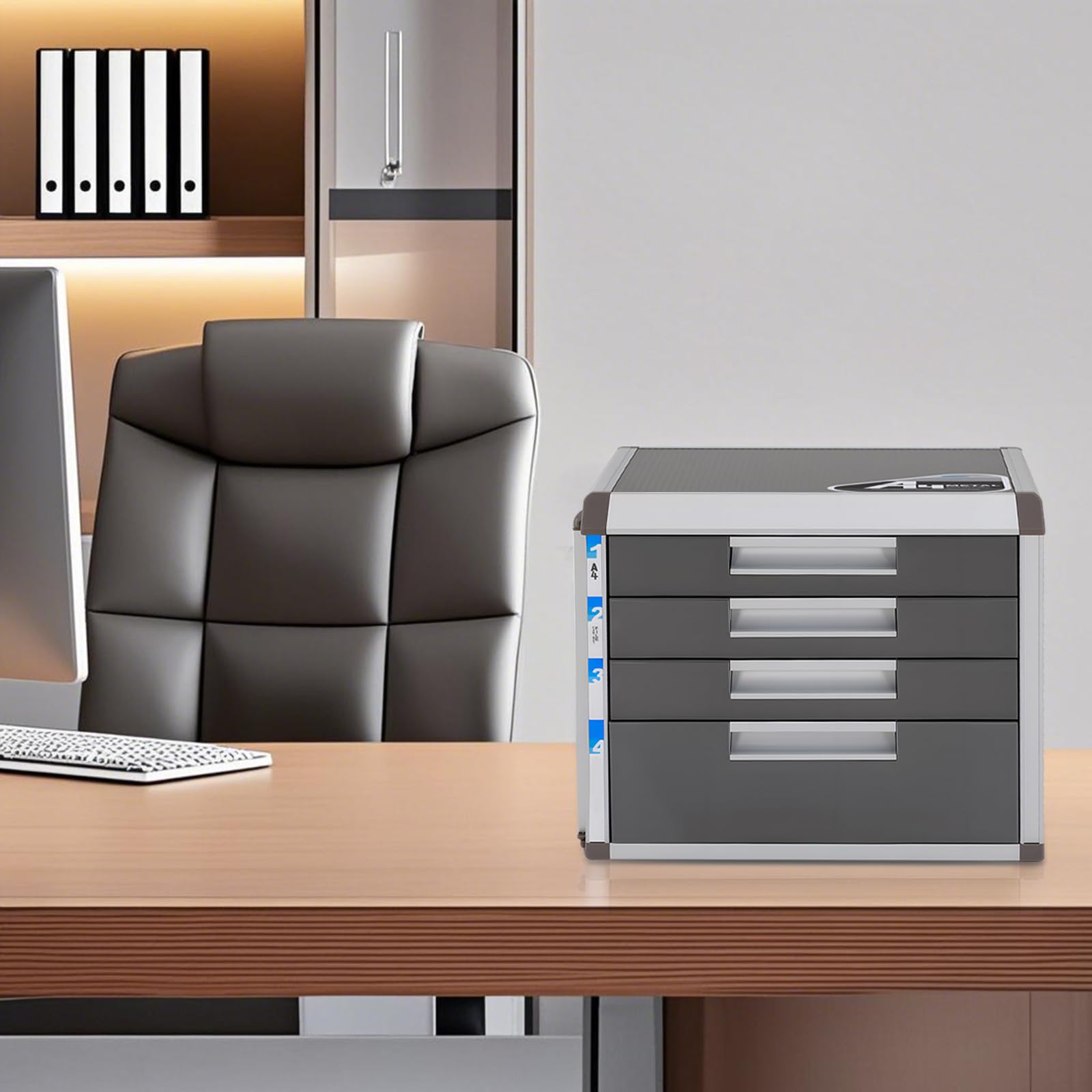 Büroschrank 31,5x35x29,8cm für Büro Aktenschrank mit Schloss | ablagebox mit schubladen mit 180° klappbarem Seitenschild, 2 Schlüsseln, ergonomischen Griffen, 4 Schubladen, staubdicht
