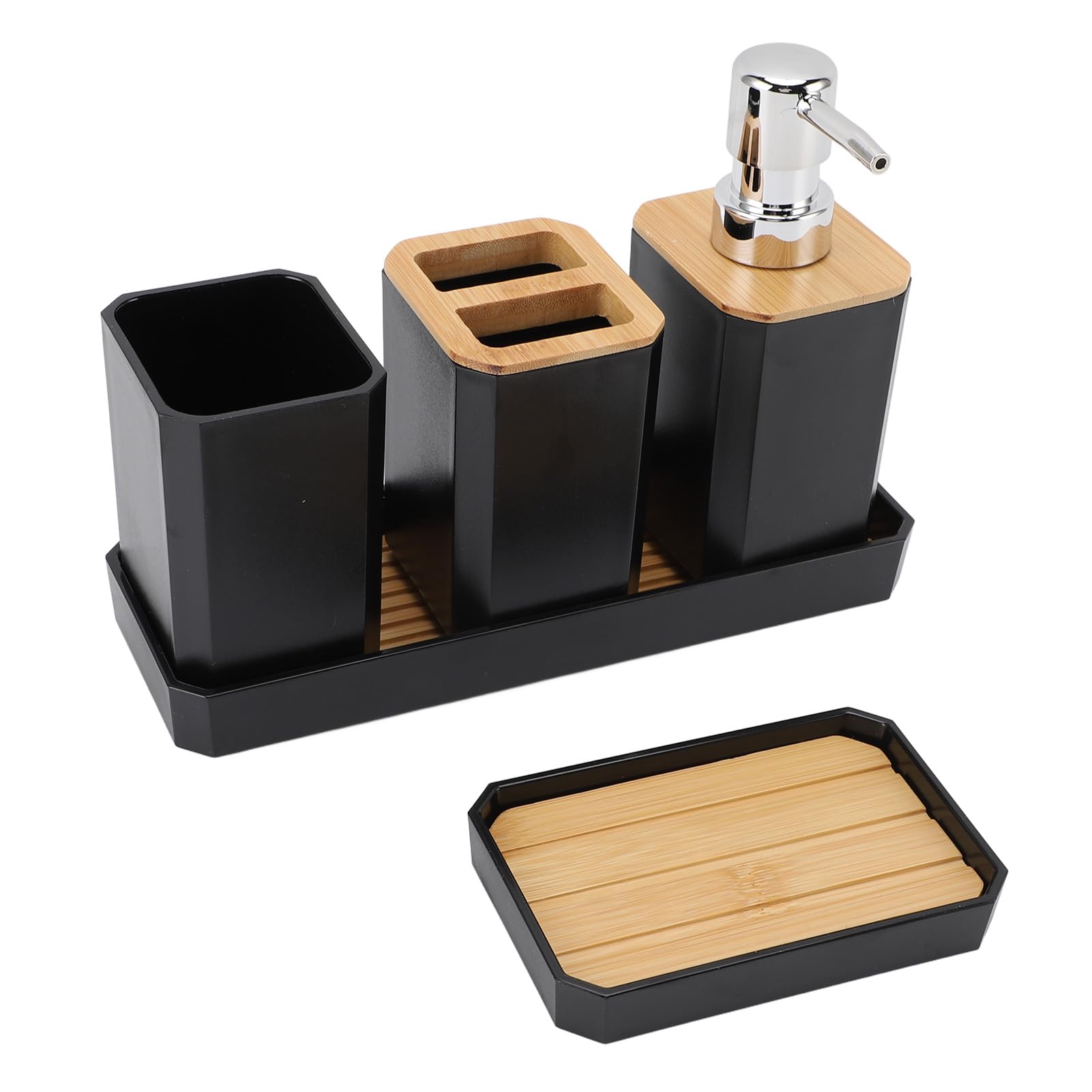 Fyearfly Bathroom Accessories Set – 3 Pieces Bathroom Accessories Set- Lotion Bottles, with Toothbrush Holder Cup Lotion Bottles Soap Dish Tray (Black)