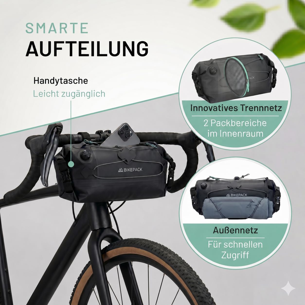 BIKEPACK Lenkertasche Fahrrad 9,5 L wasserdicht – Bikepacking-Rolle mit Innentrennung & Handyfach – Gravel, Rennrad, MTB, E-Bike