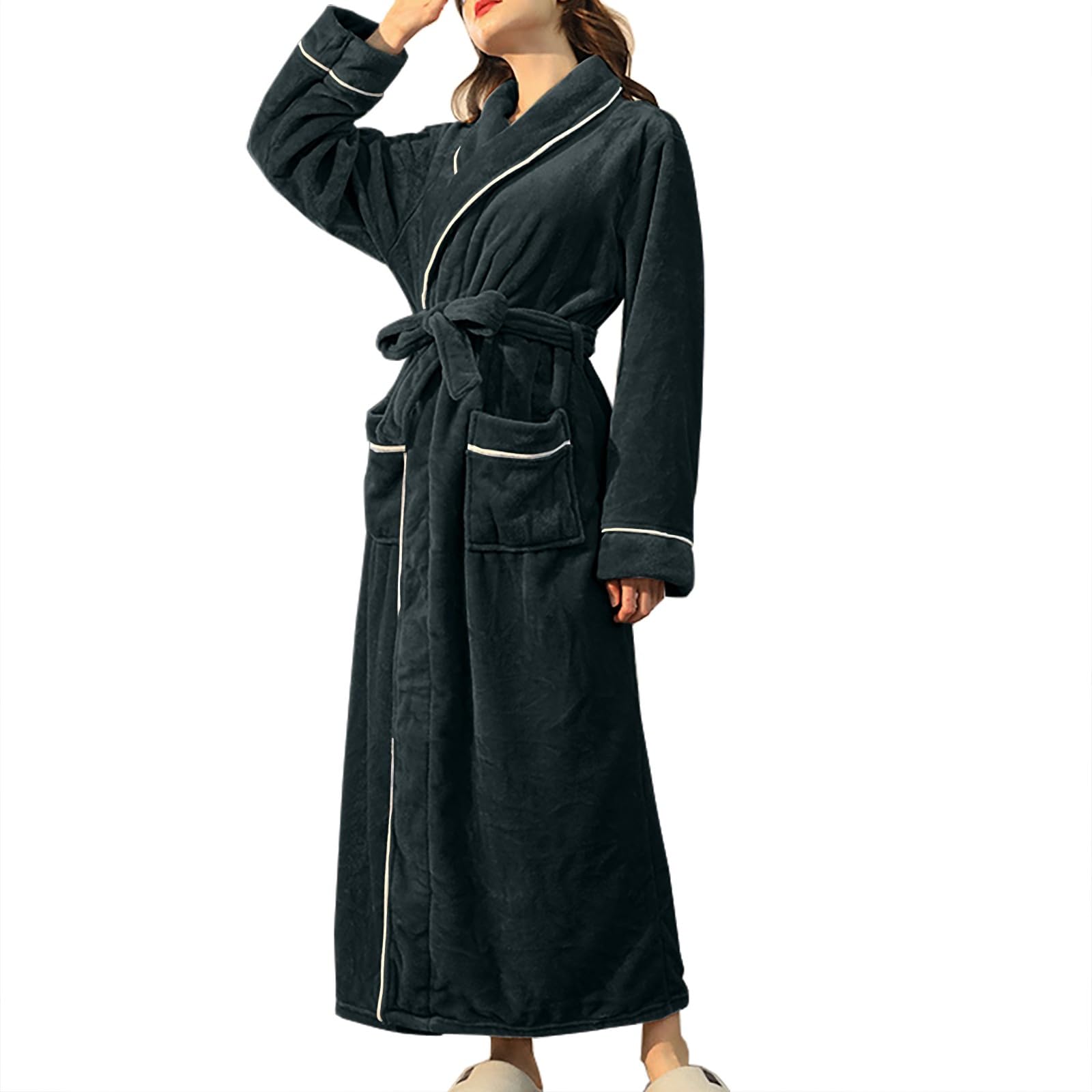 Baby Dolls & Negligee da donna in flanella M-3XL, abito da notte spesso invernale | Accappatoio da donna, taglie lunghe, con cintura, scollo a V, tinta unita, caldo pigiama