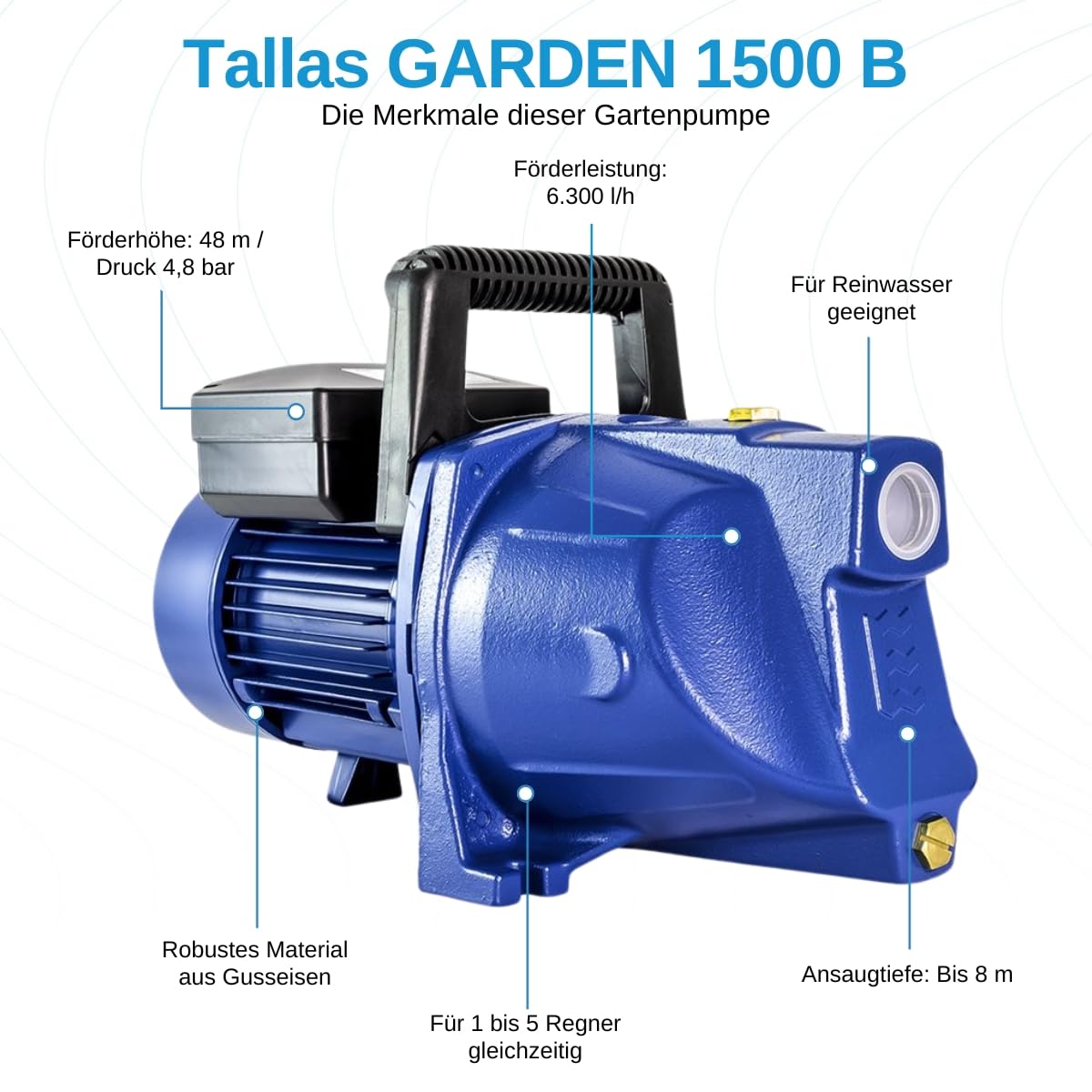 Tallas GARDEN 1500 B Pompa da giardino – 6.300 l/h – 1500 W – Altezza di mandata 48 m – Molto robusta – Con manico e spina montata – Pompa per irrigazione
