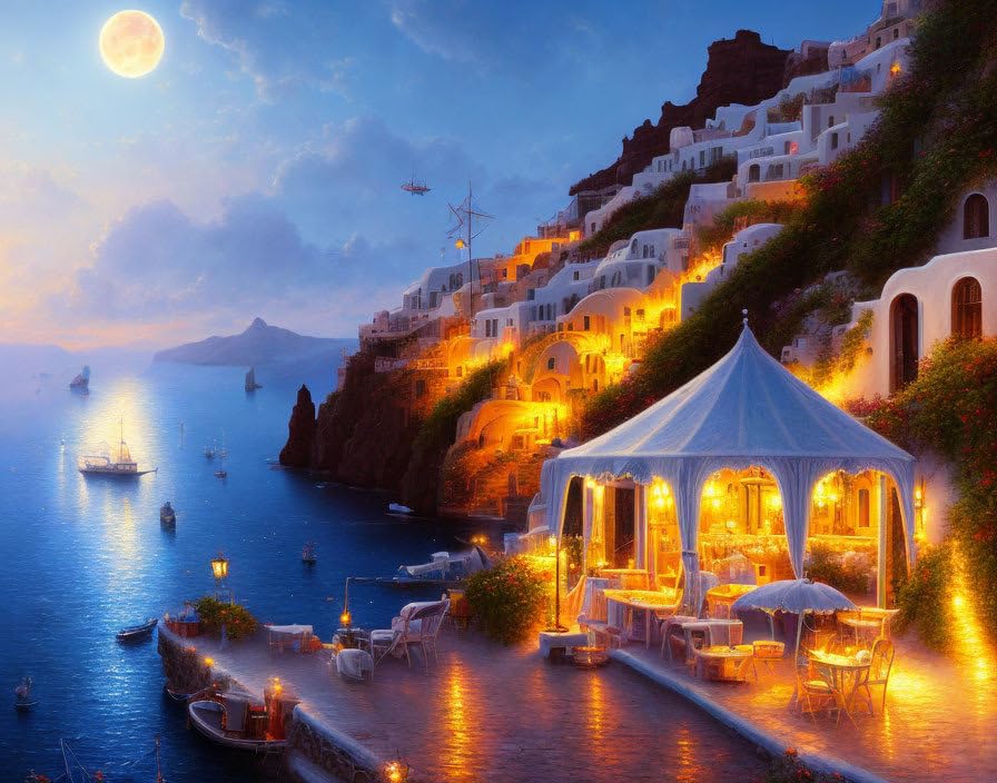 Affiche toile Santorin clair de lune 58x90 cm pour salon moderne
