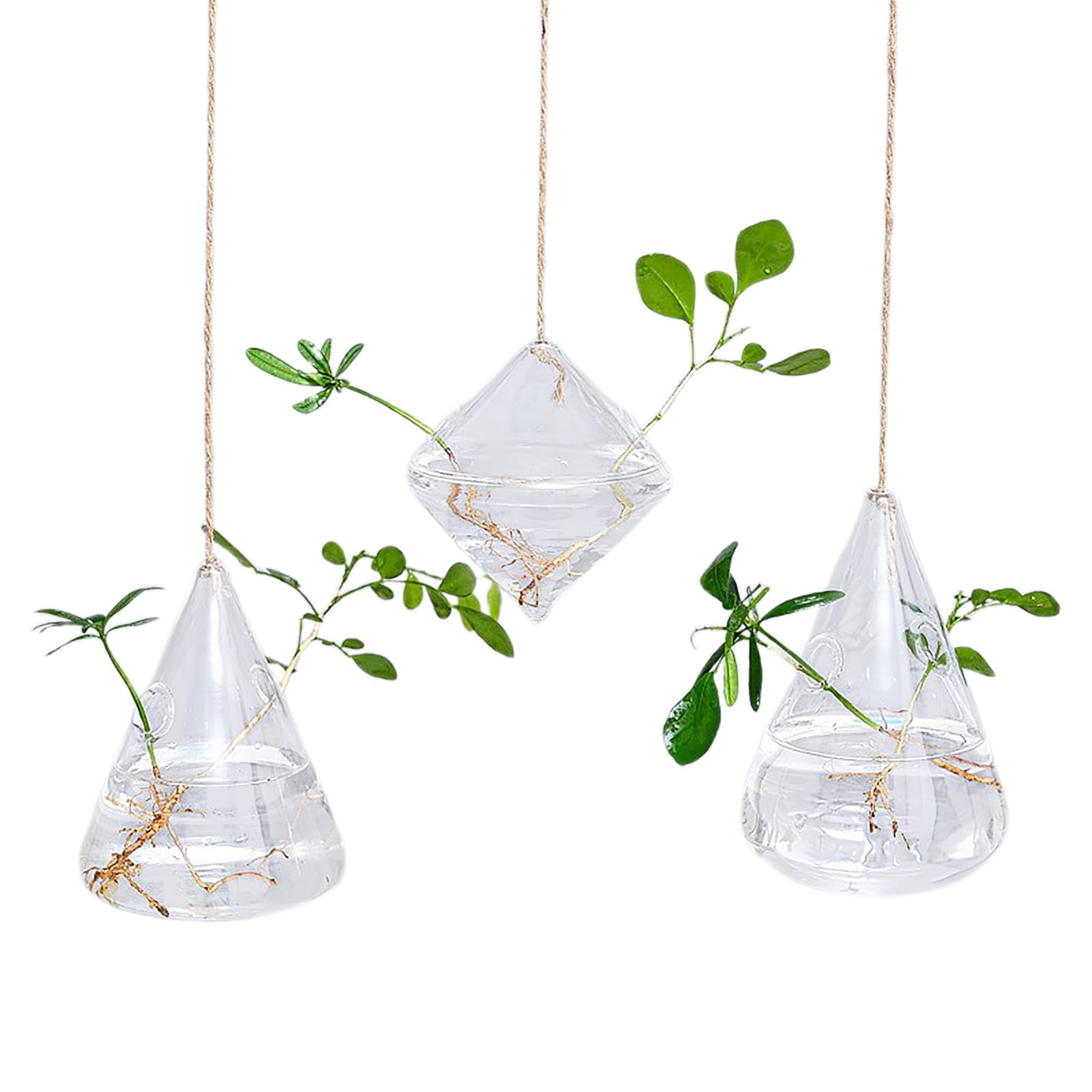UIYIHIF 3 Maceteros Colgantes de Cristal, Jarrones Hidropónicos con Cuerda, Maceteros Colgantes, Jarrones de Pared de Terrario de Cristal, Macetas de Cristal Colgantes para Decoración
