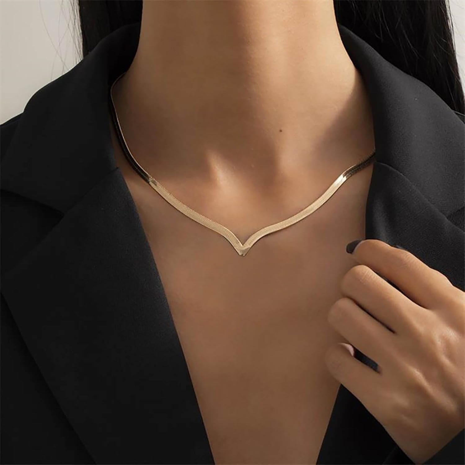 Herringbone Necklace Choker Gold Flat Snake Chain V-Shaped Minimalist Short Collar Jewelry for Women and Girls - Image 5