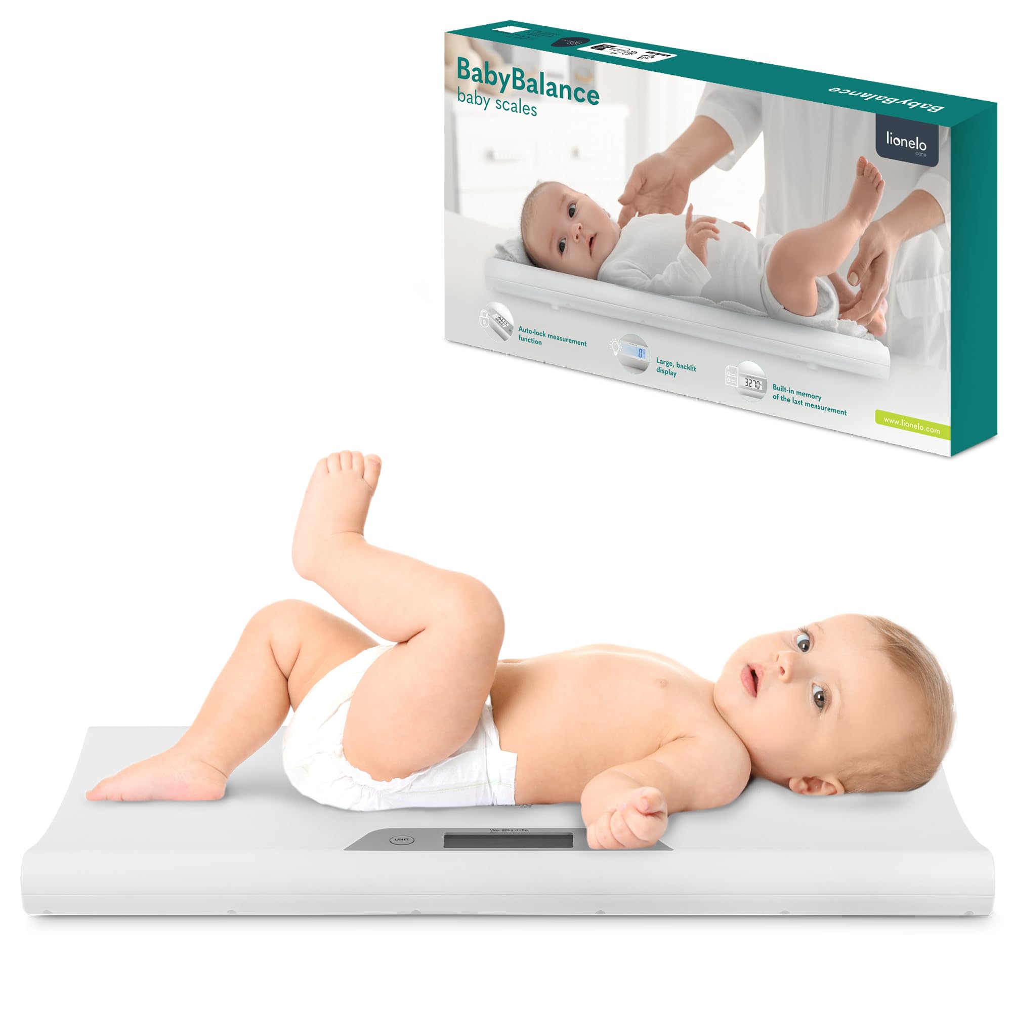 LIONELO BABYBALANCE bilancia elettronica per neonati, bilancia pesa neonati fino a 20kg, ampio display, funzione di tara, memorizzazione dell'ultima misurazione, pesatura precisa con incrementi di 5 g