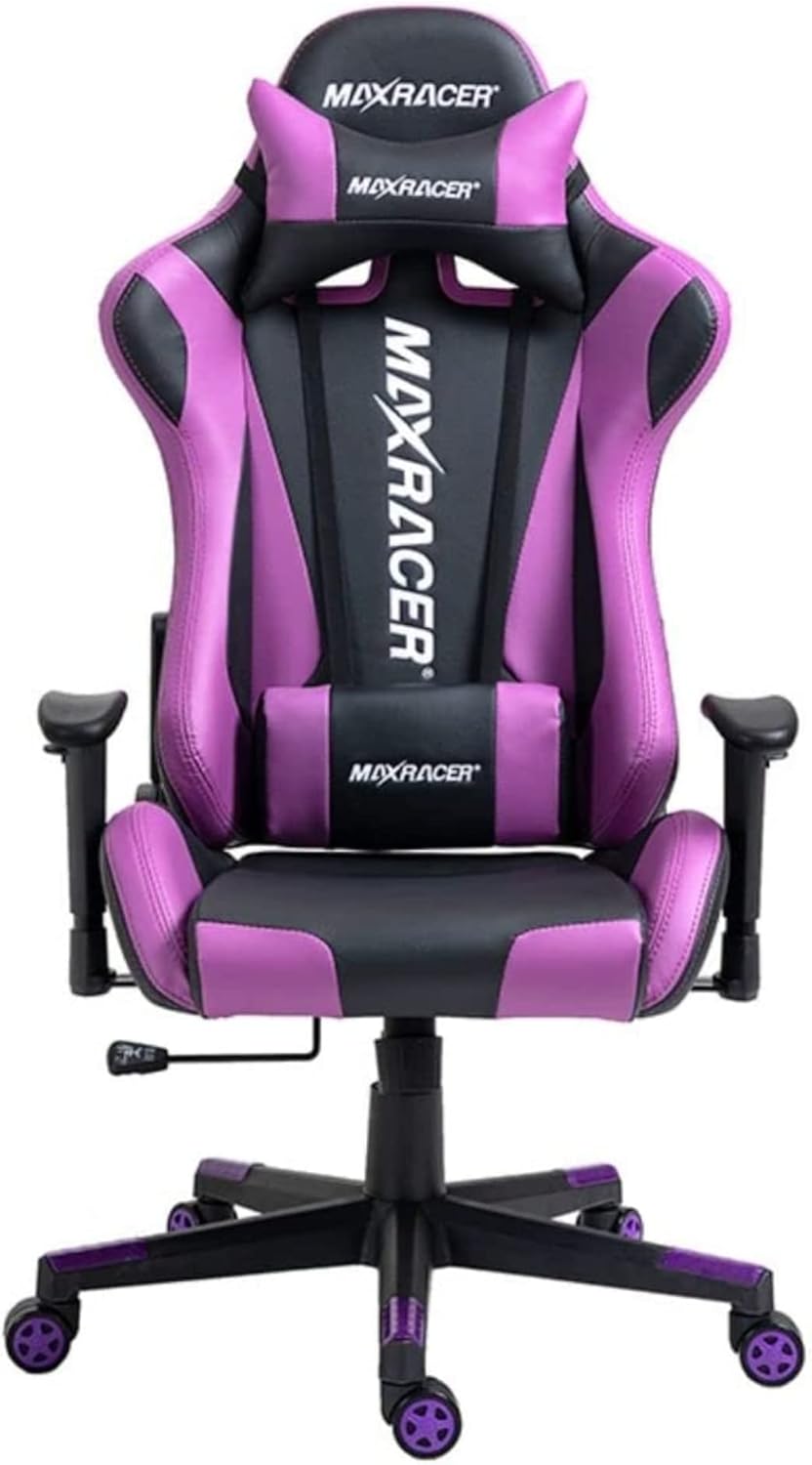 MAX RACER - Cadeira Gamer Skilled - Poltronas Gamer de Aço, Cadeira Ergonômica para Jogos - Até 150kg, Giratória, Braços 1D, Tecido Sintético PVC, Inclinação 180°, Almofada Cervical e Lombar - Roxa