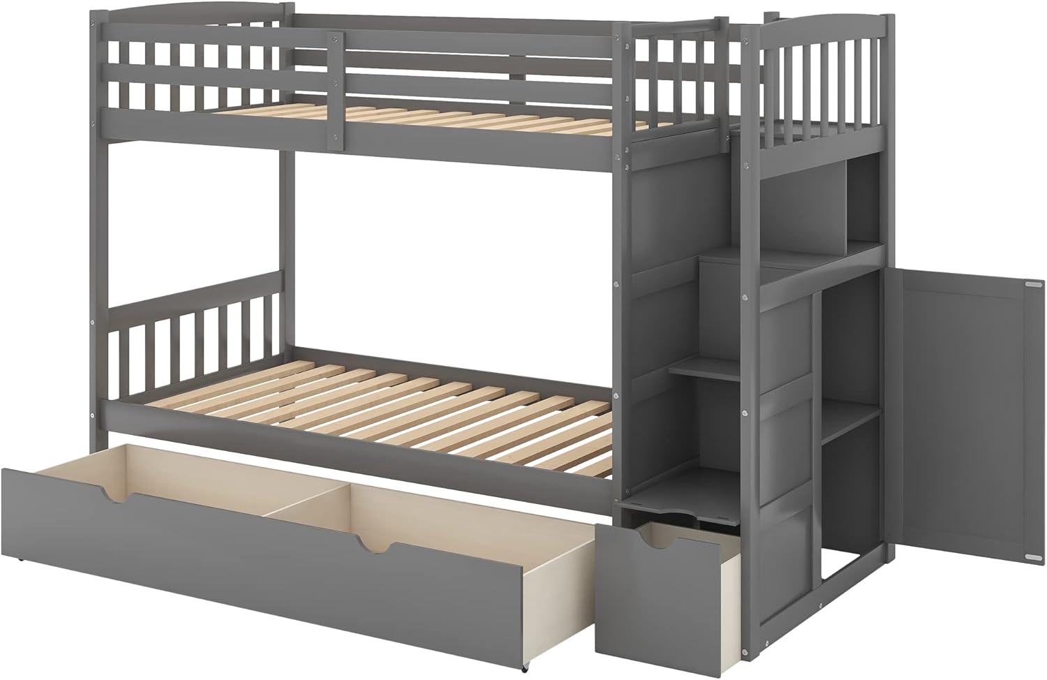 Harper & Bright Designs Twin Over Full/Twin Bunk Bed with 3 Drawers, 4 Storage and Cabinet Door, Twin-Over-Full Convertible Bottom Bed for Bedroom, Dorm, for Family, Kids, Teens, No Box Spring Needed