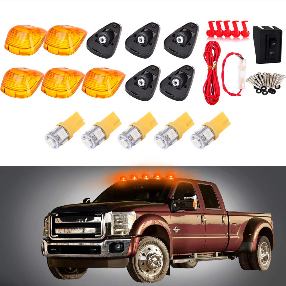 cciyu 5x Cab Marker Light Assembly Amber Top Roof Running Len w/Wiring Pack T10 5-5050-SMD Yellow LED Bulbs Cab Marker Assembly fit for 1999-2016 For Ford F250 F350 F450