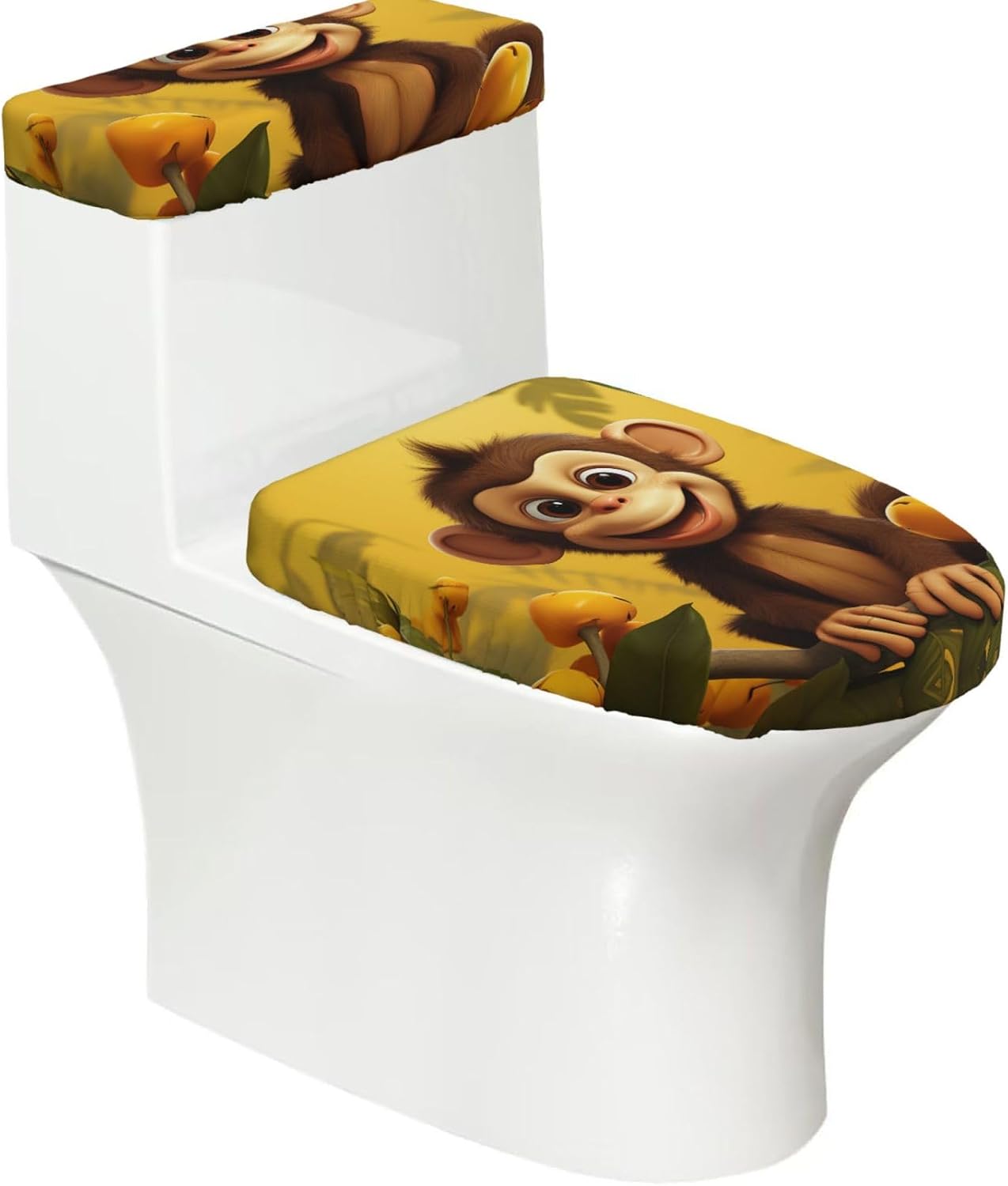 2 Pcs Toilet Lid Cover and Toilet Tank Lid Cover, Washable Toilet Cover with Elastic Bottom Replacement Soft Stretch Toilet Seat Cover Set Cute Funny Animal Monkey Banana Bathroom Decor