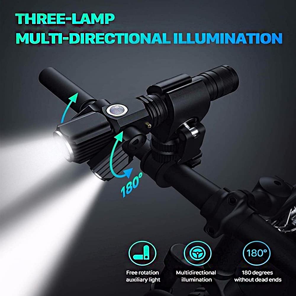 Faro Anteriore per Bicicletta, 3 LED, 600 Lumen, 4 modalità, Batteria 18650, Torcia per Ciclismo, IPX5 con Staffa e Angolo Regolabile.