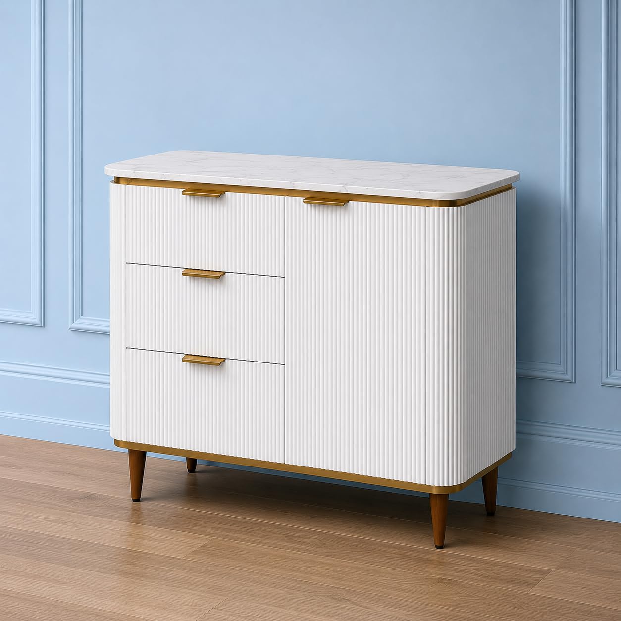 Modern Storage Cabinet with Italian Marble Top Finish, 3 Drawers & Door Storage Cabinet, White Ribbed Sideboard Cabinet for Living Room Bedroom Hallway Office-image-37