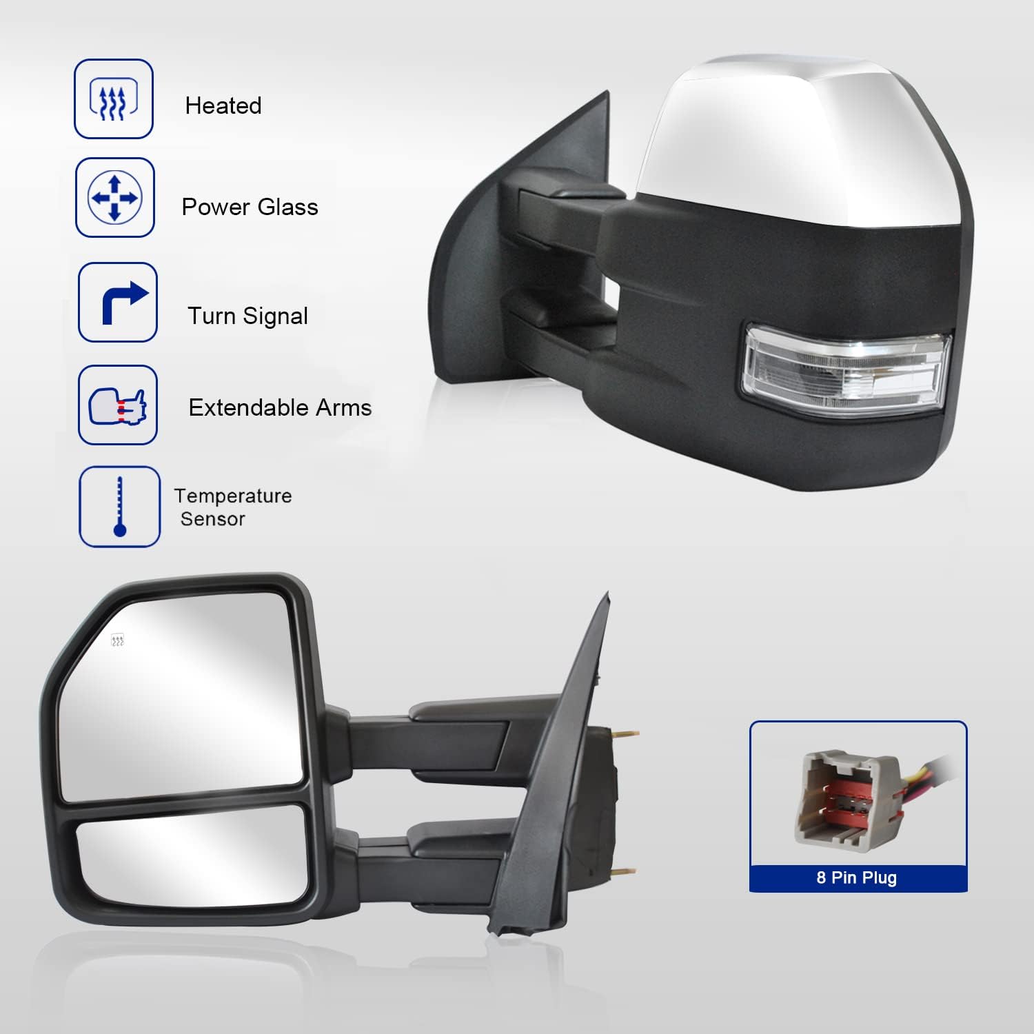 WLLW Driver Left Side Towing Mirrors fit for 2015 2016 2017 2018 2019 2020 Ford F150 Pickup Truck Heated Power Turn Signal Lights Chrome Cap 8-pin