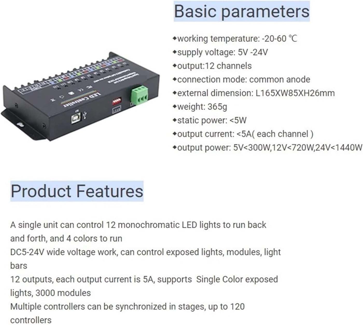 12-Way Single Color PWM dimmer LED Light with programmable Controller DC 12V 24V 60A