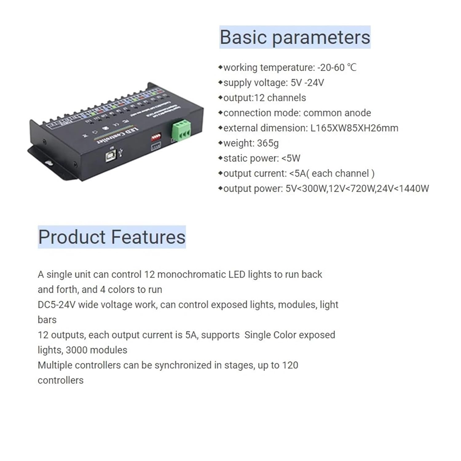 12-Way Single Color PWM dimmer LED Light with programmable Controller DC 12V 24V 60A
