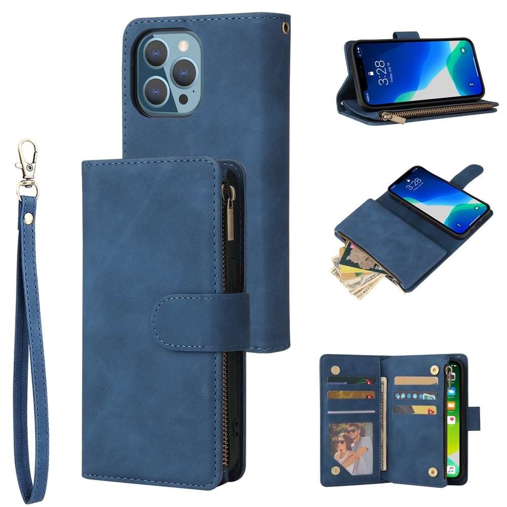 DIMDIM Case Compatible with iPhone 13 Pro, Vintage PU Leather Multi-Function Magnetic Flip Wallet Case with Card Holder and Zipper for iPhone 13 Pro -Blue
