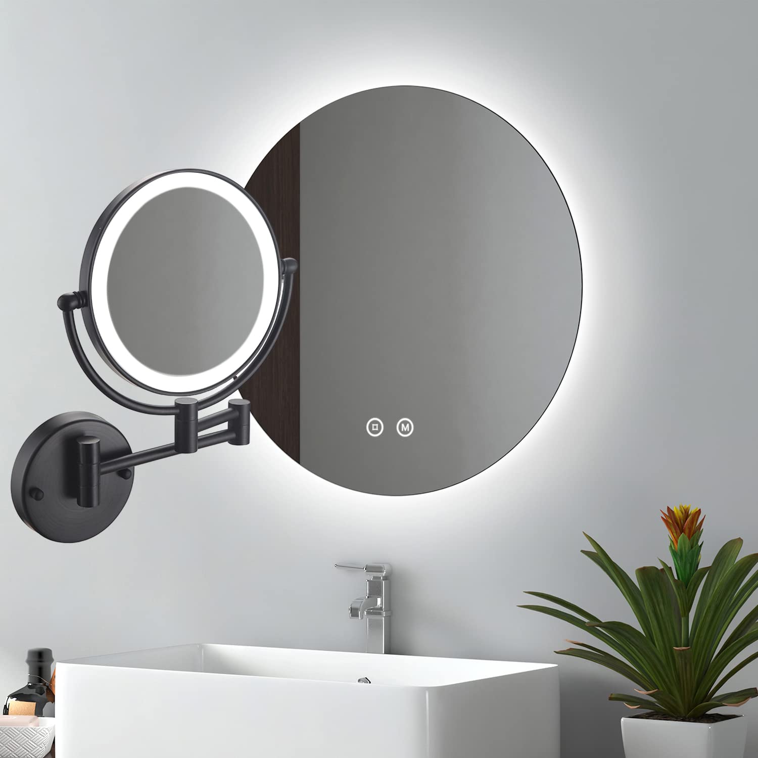 Espejos Maquillaje con Luz, 8 Pulgad Negro Espejo Aumento Pared 360 Rotación Espejo Extensible Baño Brillo Regulable Espejo Cosmetico Espejo Ducha con Interruptor Táctil