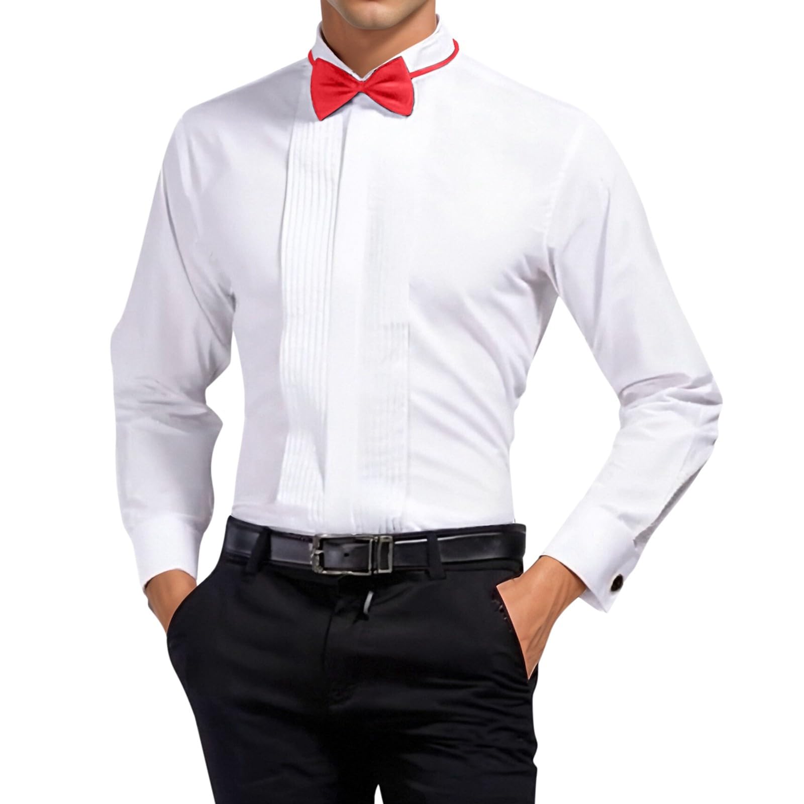 Chemise de smoking pour homme - Col rabattu - Chemise boutonnée - Plis avant - Manches françaises avec 2 nœuds papillon - Couleur unie