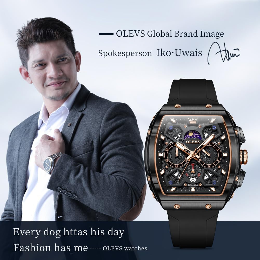 OLEVS Mens Watches Luxury,Silicon Strap Watches for Men,Chronograph Waterproof Business Large Face Tonneau Quartz Fashion Men’s Wrist Watch Dress Relojes para Hombres(Red/Yellow/Black/White Strap) - Image 9