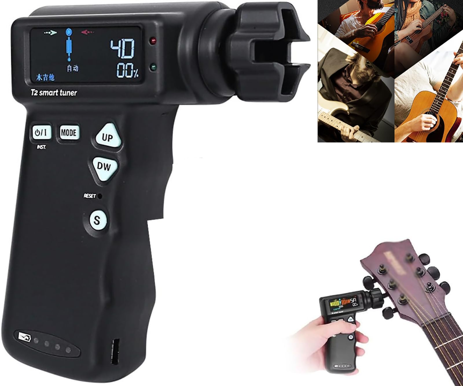 McbeAn Accordatore per Chitarra, Accordatore per Chitarra Elettrica Professionale con Display LCD a Colori, Riconoscimento Intelligente, Rotazione Automatica, Batteria al Litio Integrata da 2600 mAh