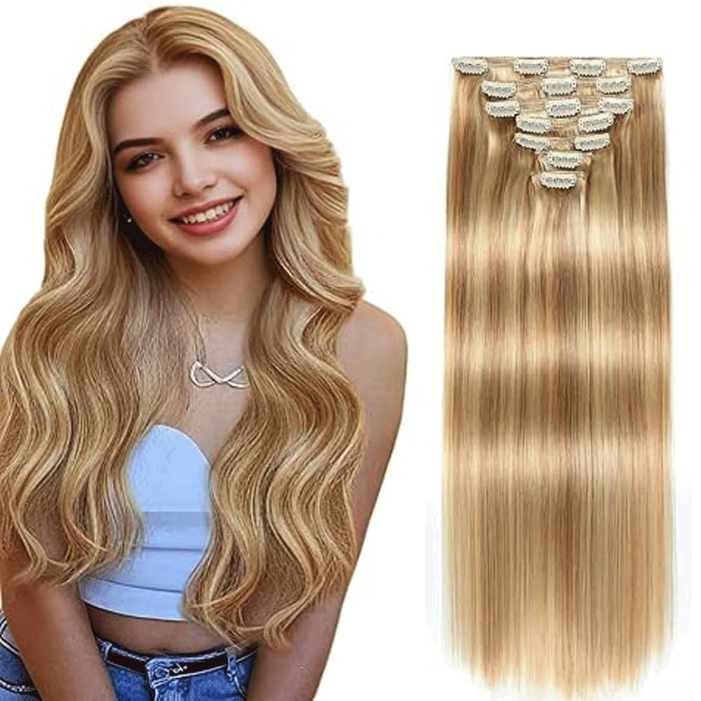 Extension Capelli Veri Clip Human Hair Estensioni Dei Capelli Umani 120g 7Pcs Per Pack Invisible Remy Human Hair P27/613 Highlight Blonde 28 Inch Real Hair for Women Minimal Smell Low Shedding