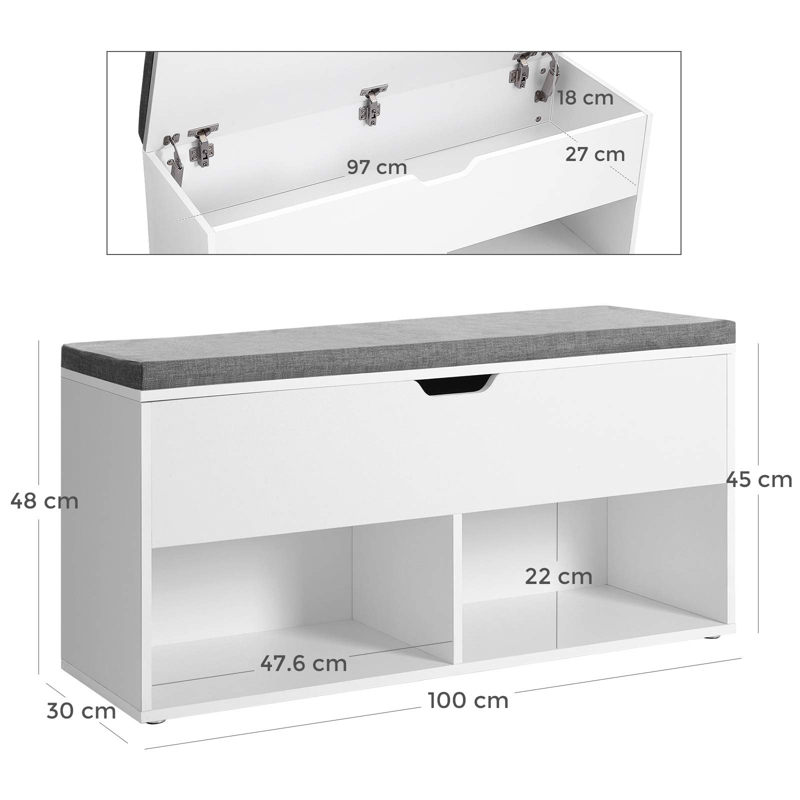 VASAGLE Panca Scarpiera, Panca Contenitore a 2 Scomparti Aperti e 1 Chiuso, Scaffale Portascarpe, Seduta Imbottita, per Ingresso Corridoio Camera da Letto, Bianco LHS21WT, 100 L x 48 H cm