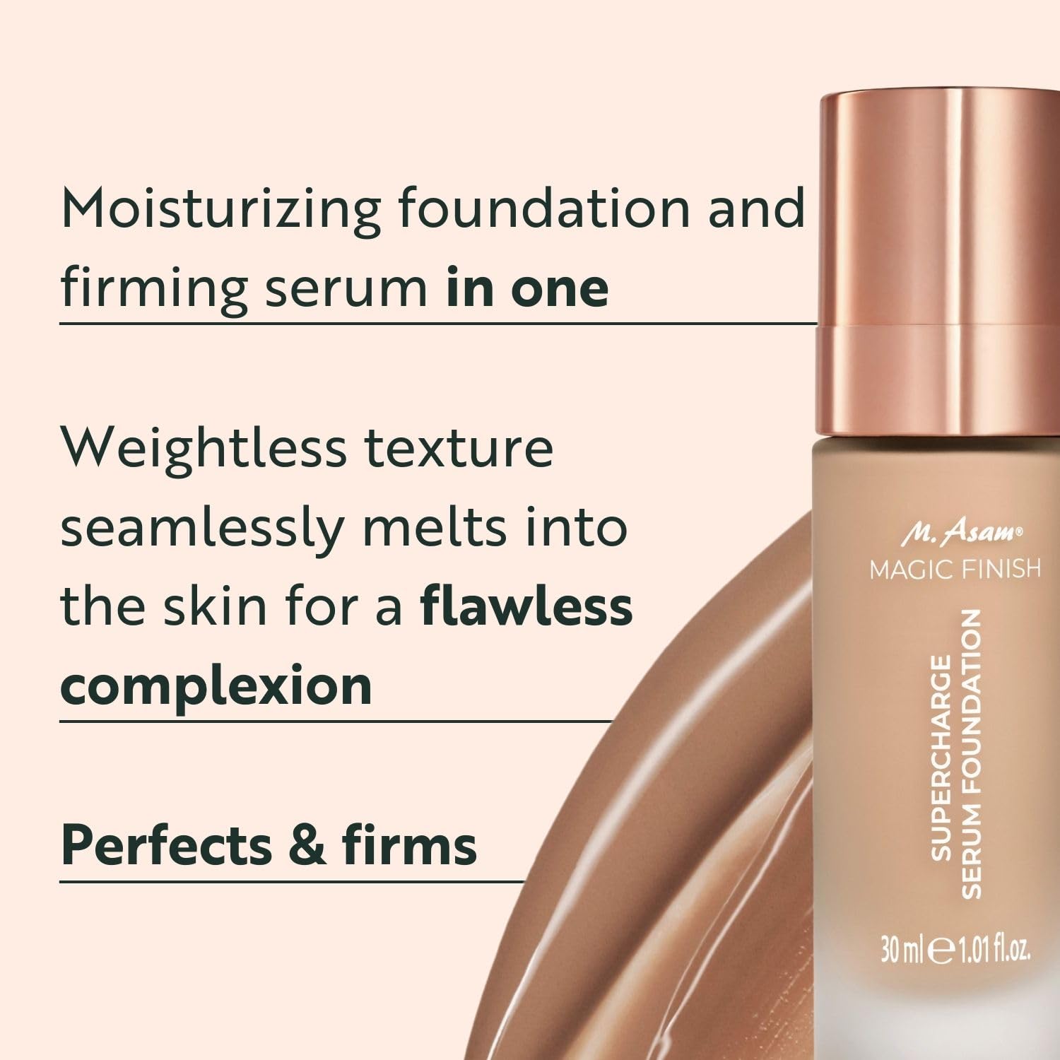 M. Asam Magic Finish Supercharge Serum Foundation True Beige (30 ml) | Fondotinta idratante e siero rassodante per il viso in uno, trucco anti-età con copertura ottimale e acido ialuronico