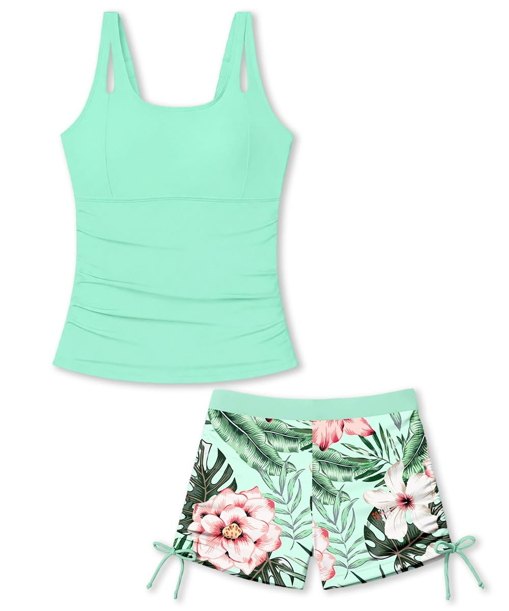 Costume da Bagno Bambina, 2 Pezzi Tankini Bambina con Top Tinta Unita e Pantaloncini Stampati con Coulisse Regolabile Due Pezzi Bambina 11-16 Anni