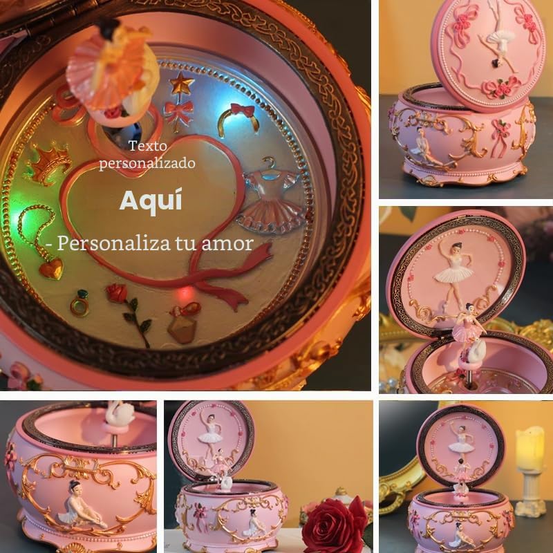 Caja de música clásica de carrusel con luces LED, texto personalizado y música, caja musical mecánica coleccionable tallada en resina parpadeante