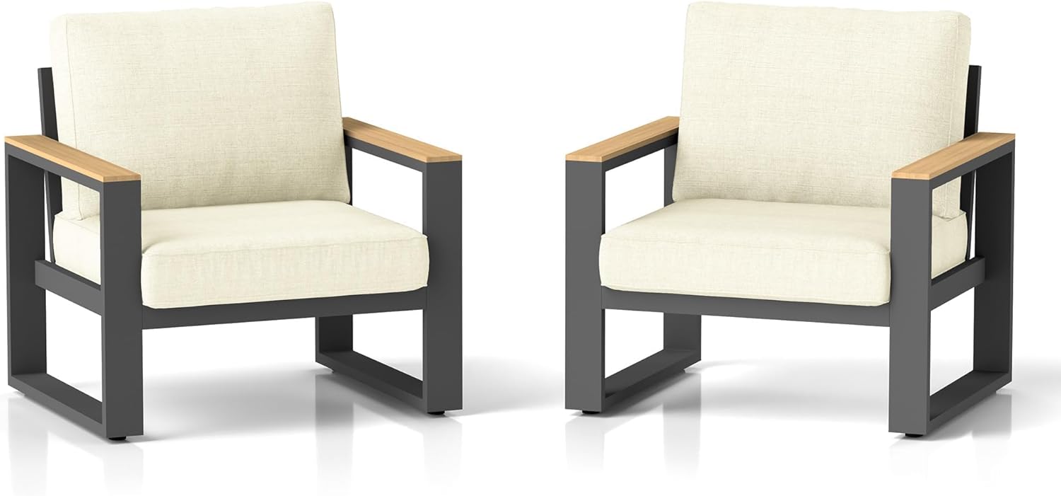 Kiss the Water Aluminum Outdoor Armchair, 2 Pieces All-Weather Metal Patio Single Sofa, Patio Conversation Set for Porch Backyard Garden, Beige