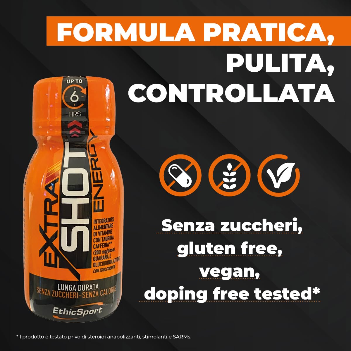 Extra Shot Energy EthicSport – Energy shot con Caffeina 200 mg, Taurina, Guaranà e Vitamine B – Focus, concentrazione e riduzione stanchezza – 12 flaconi da 60 ml – Senza zuccheri, gluten free