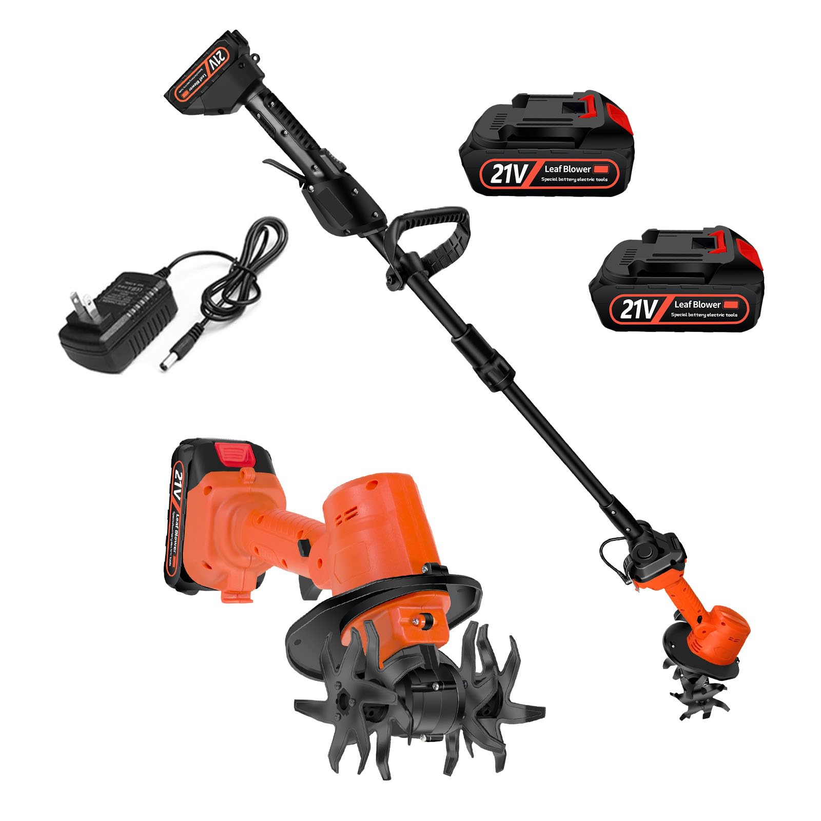 Motobineuse Électrique Sans Fil, 21V Motoculteur Portable avec Batterie et Charge, 235 RPM, Manche Amovible, Largeur/Profondeur de Travail 10/10 cm, Cultivateur pour Yard, Culture du Sol (2 Batteries)