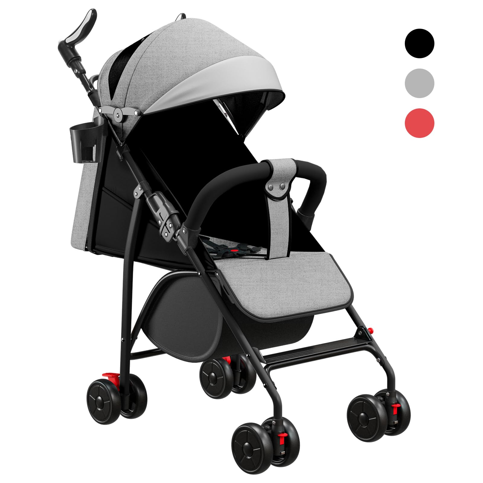 4 Poussette Canne, Légère, Suspension 4 Roues, Pliable, Harnais réglables à 5 points, Repose-pieds, Jusqu'à 22 kg - 47 * 72 * 97CM - Gris