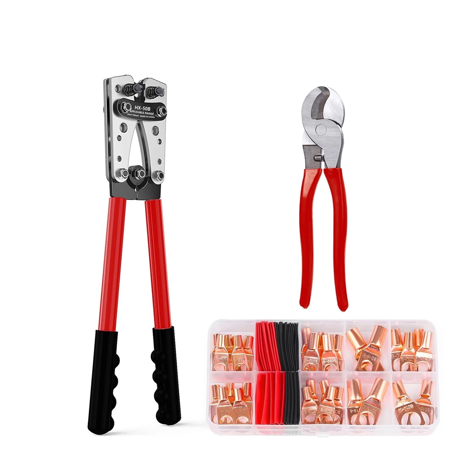 Battery Cable Lug Crimping Tool Kit with Cutter and Copper Lugs Assortment Heat Shrink Tubing Wire Crimper for Electrical(50B 60A Gold termina)