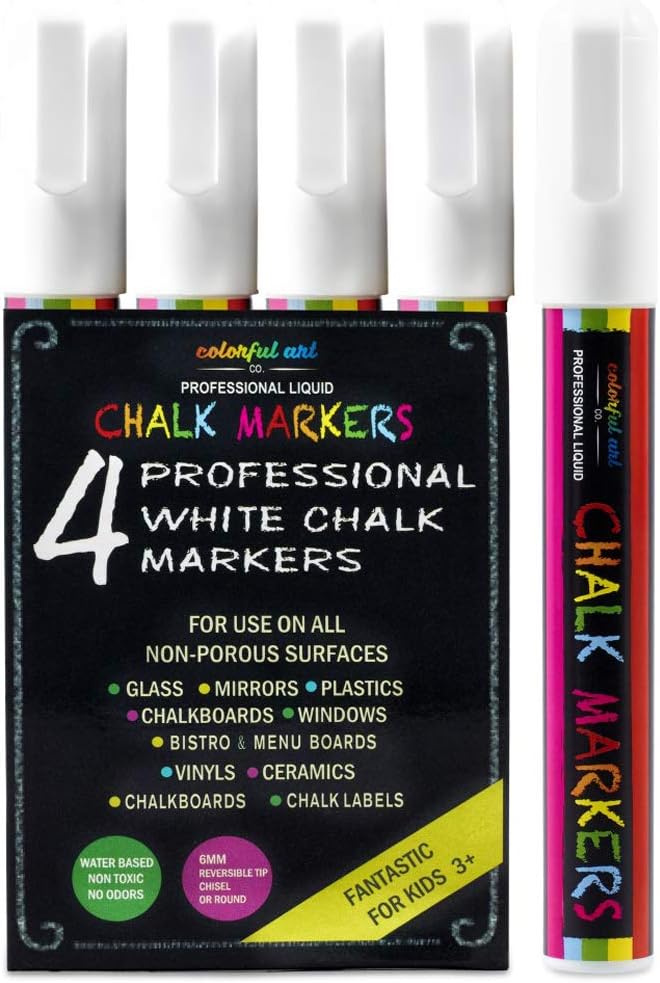 White Chalk Markers by Chalktastic - 6mm 4 pack - Erasable Paint Marker