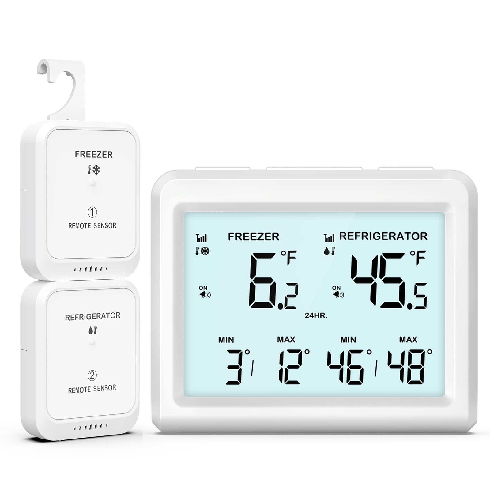 Kühlschrank-Thermometer, Kabelloses Hintergrundbeleuchtungsdesign, Max/Min. Kühlschrankthermometer mit Alarm, Für Zuhause und Restaurant