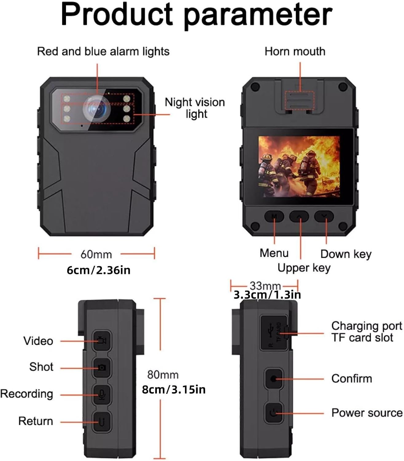 Diagram showing the various parts and buttons of the CD03 body camera, including dimensions.