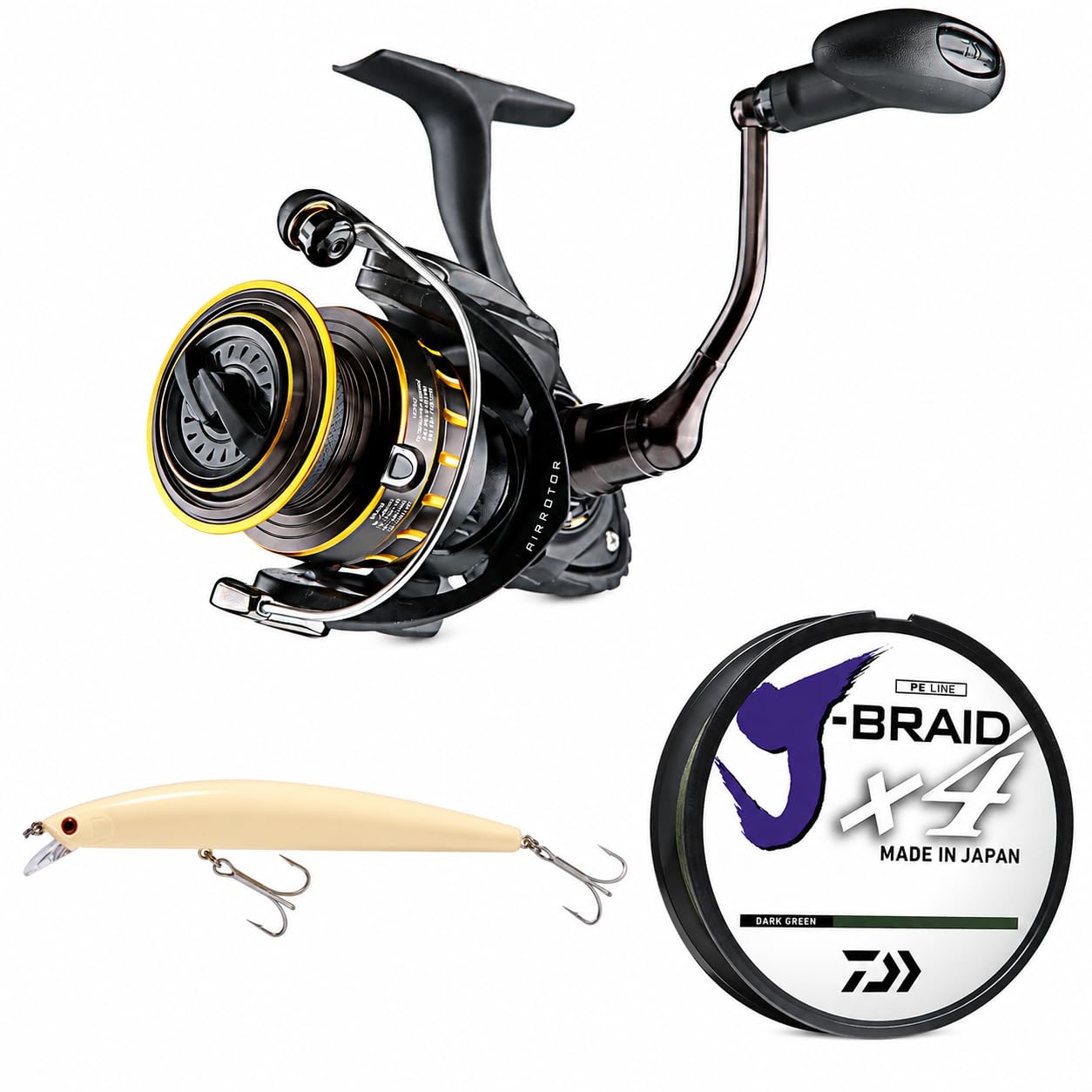 Daiwa BG Spinning Reel Kit with Daiwa Braid Line & Salt Pro Minnow, Black, 5000
