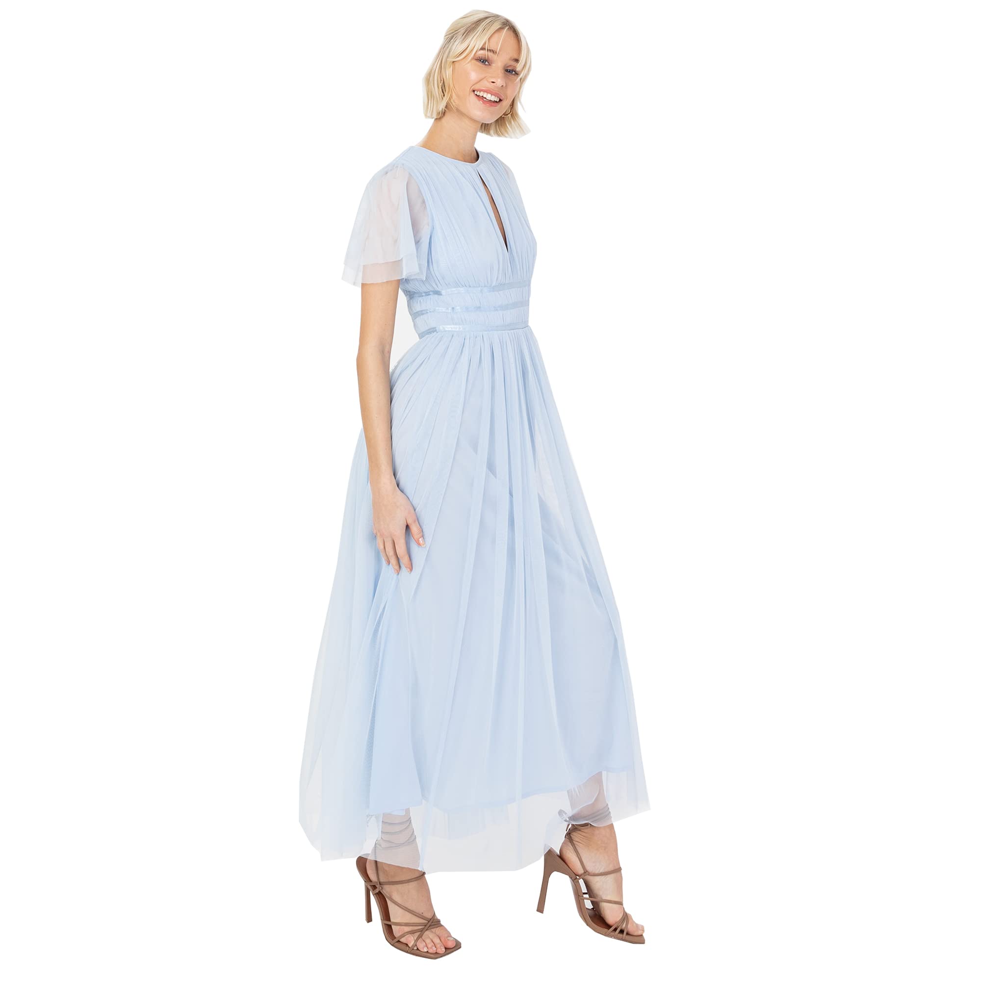 Anaya with Love Women's Ladies Midaxi Dress High Waist Keyhole Short Flutter Sleeve Crew Neckline for Wedding Guest Bridesmaids Prom, Light Blue, 16