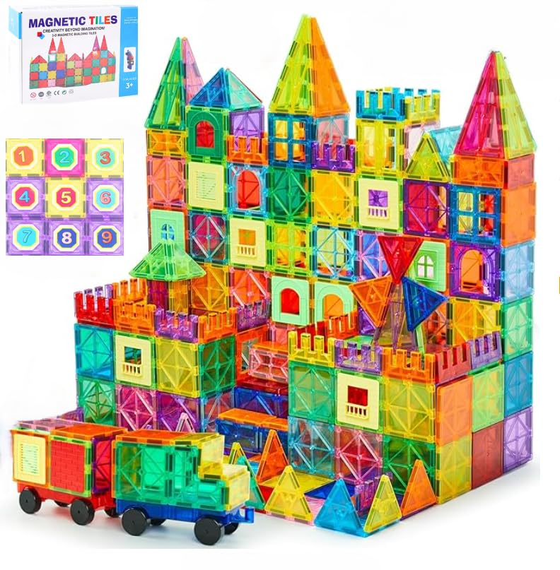 Gracieux Moda112 Pieces (Including 2 trucks, 16 Number Tiles, 12 Window Frames, 2 Lights) Premium Magnetic Building Tiles 3D | STEM Magnetic Block Toy for 3+ Year Old Boys and Girls | Birthday Gift