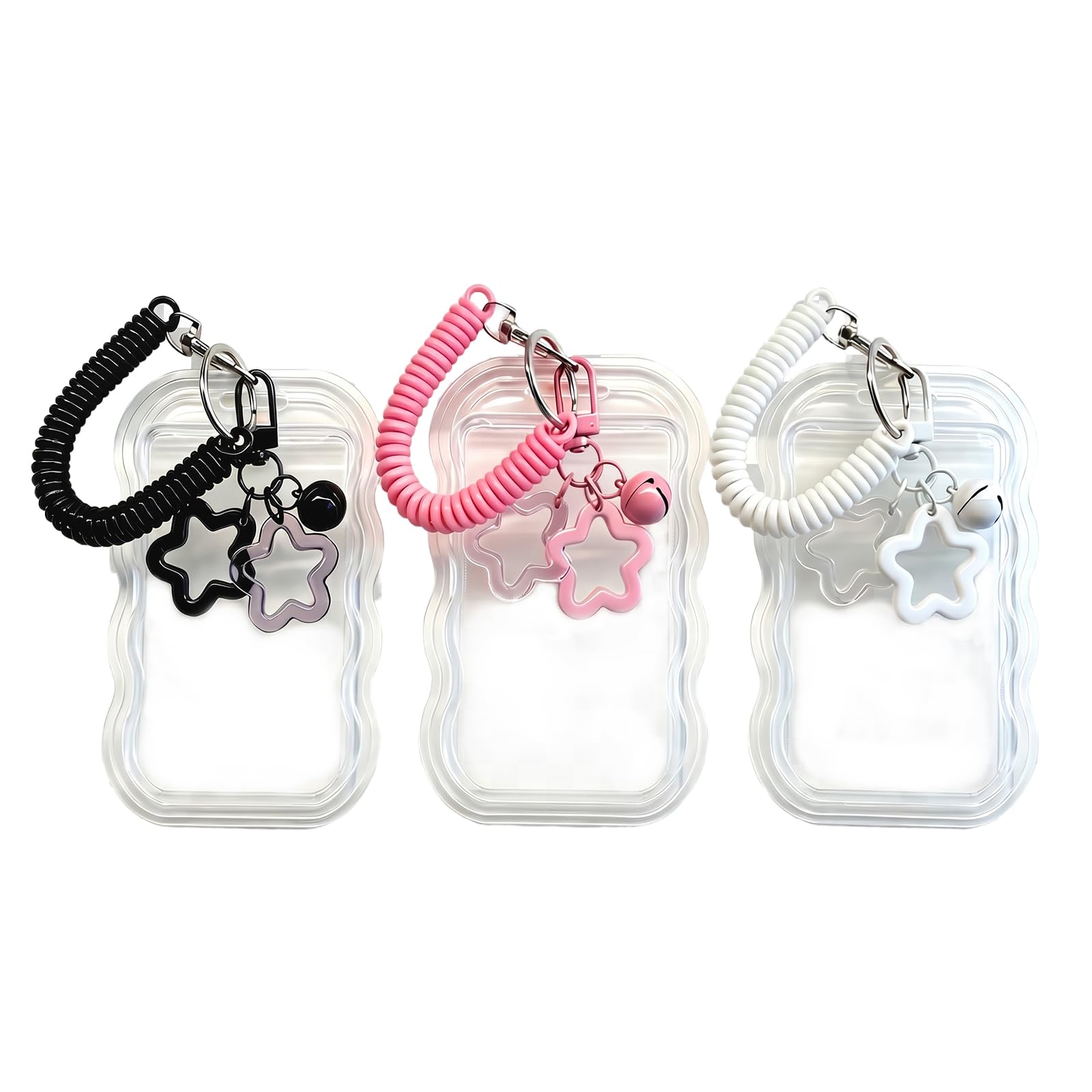 YANKOIUK 3PCS Photocard Holder, Transparent PC Photo Card Holder for Bus Student Card Photo Protector, with Star Wave Design Photocard Holders Keychain for Pass Office School ID Travel Cards