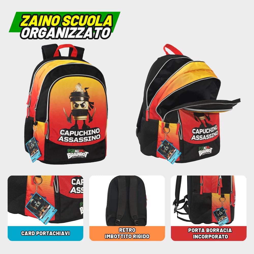 BRAINROT - Zaino Scuola Organizzato Ufficiale Brainrot, Zaino per Ragazzi con Retro e Fondo Termoformati, Spallacci Imbottiti e Regolabili, Interno Foderato con Tasca Zip, 32x43hx23 cm