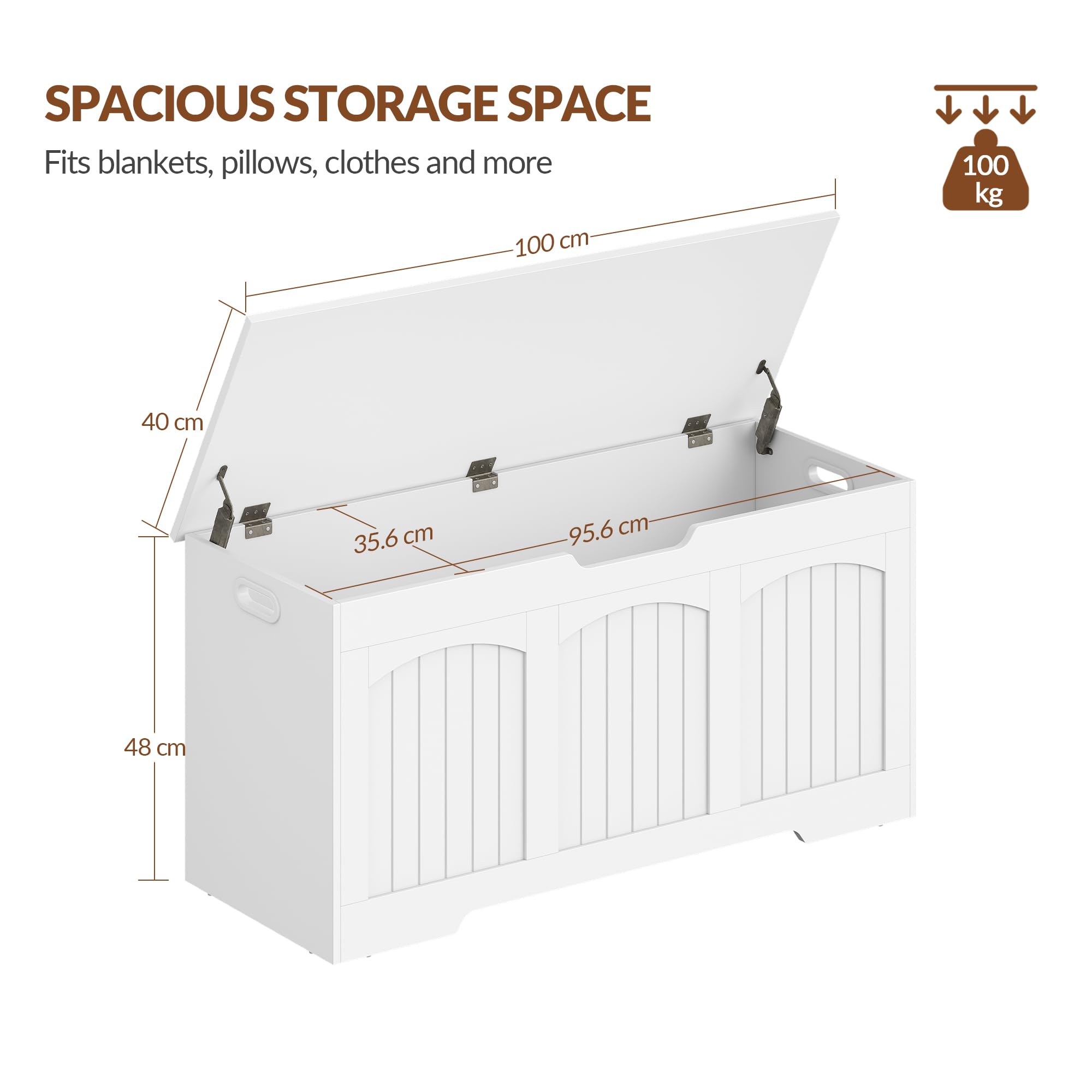 Puff Almacenaje, Baul Almacenaje Dormitorio, Banco de Seguridad y Asas Laterales Ahuecadas, para el Recibidor, el Dormitorio, 100 x 40 x 48 cm, Blanco FFXD103PW1