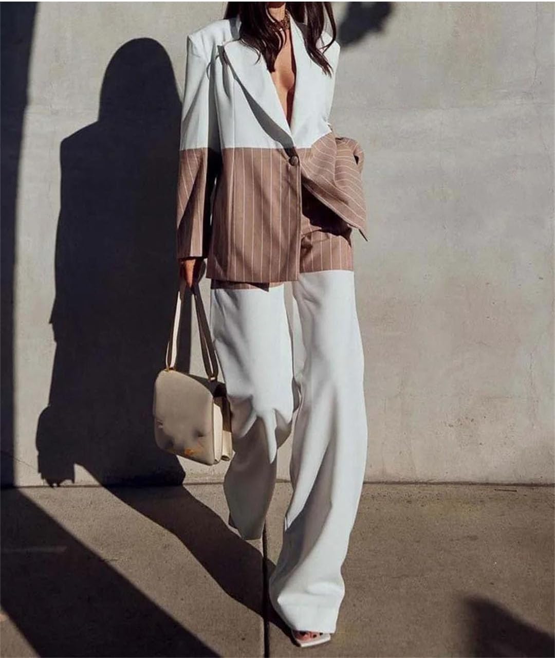 Women White Print 2 Piece Sets Long Sleeve Patchwork Single Button Shirts and Straight Trousers Set