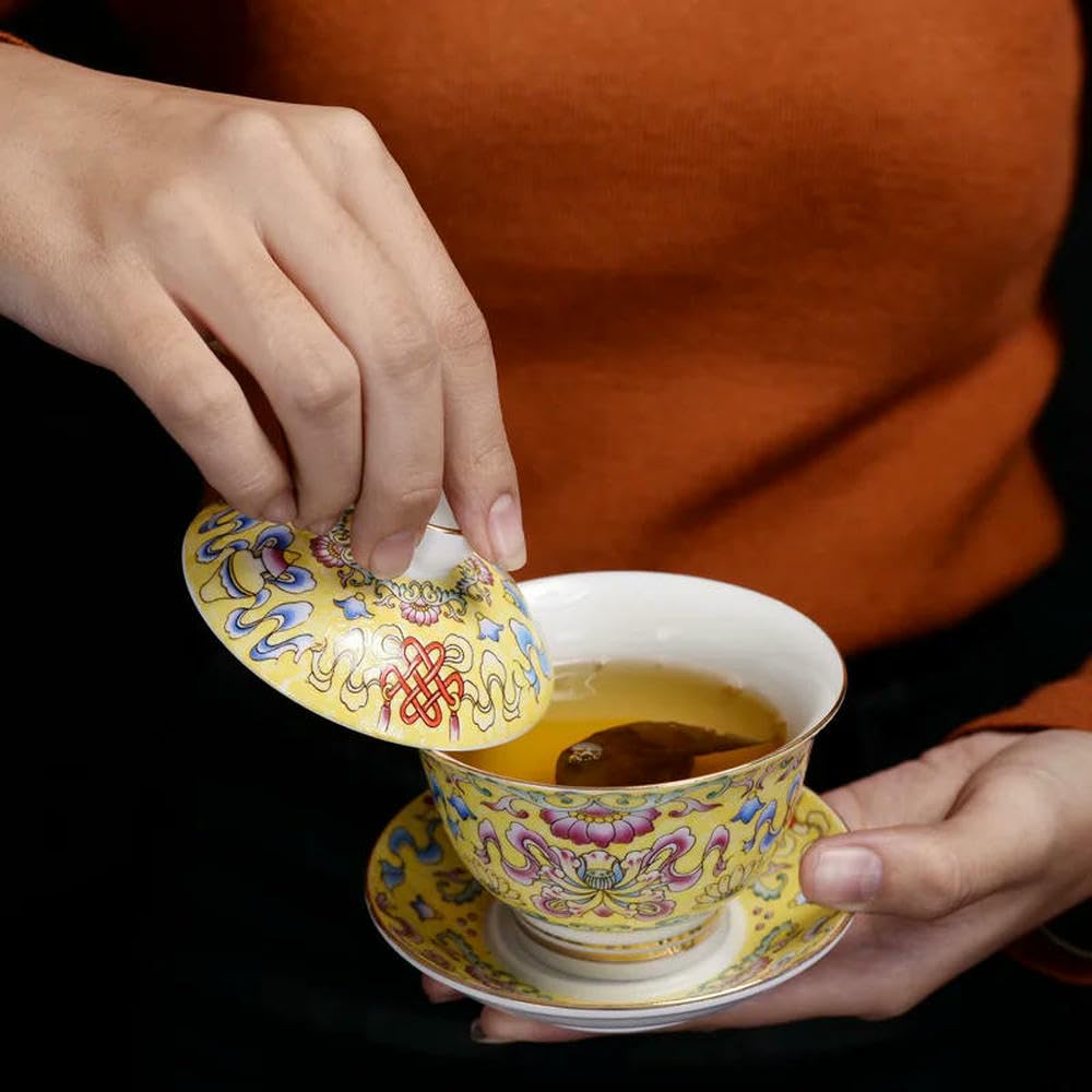 Farbige Emaille Sancai Gaiwan Weißes Porzellan Deckel Schüssel Untertasse Große Teetasse Handgefertigte Terrine Reise-Teegeschirr-Set Geschenk ()