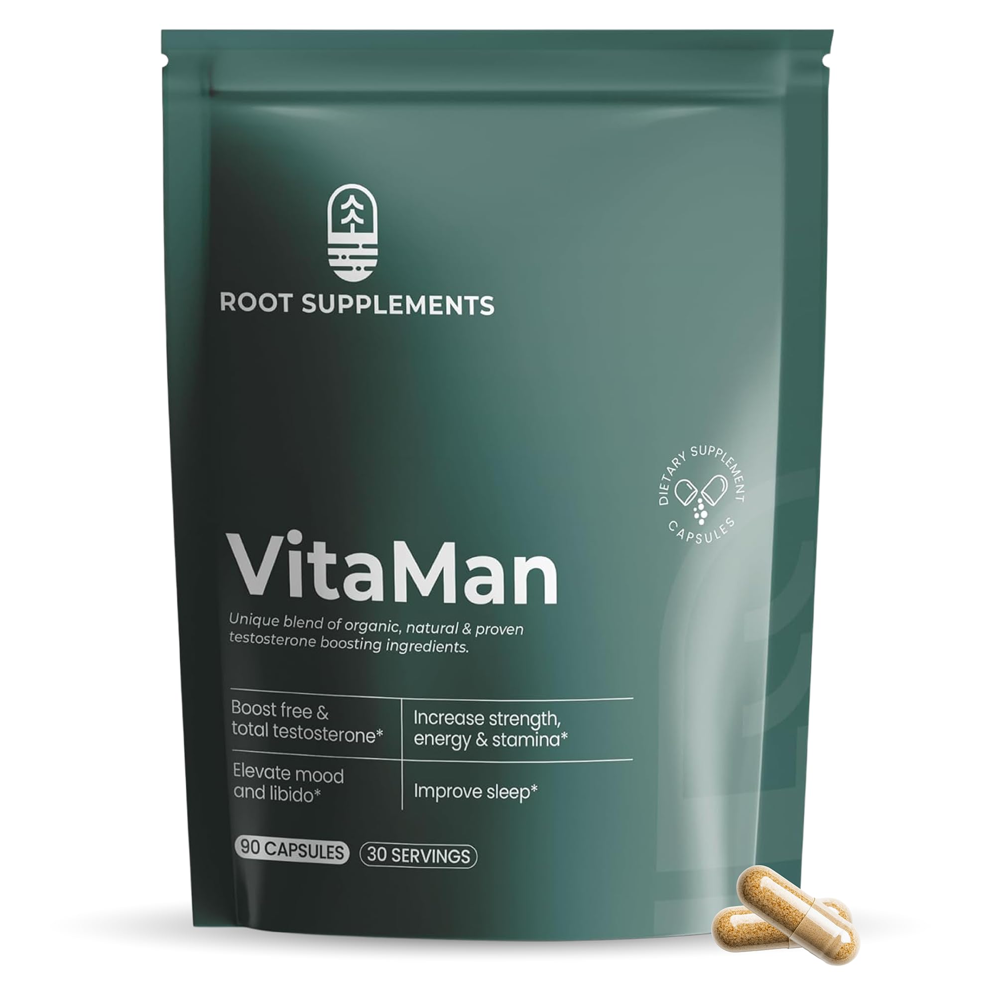 Root Supplements Suplemento Herbal com Tongkat Ali, Mucuna pruriens e Black Galingale, 90 cápsulas