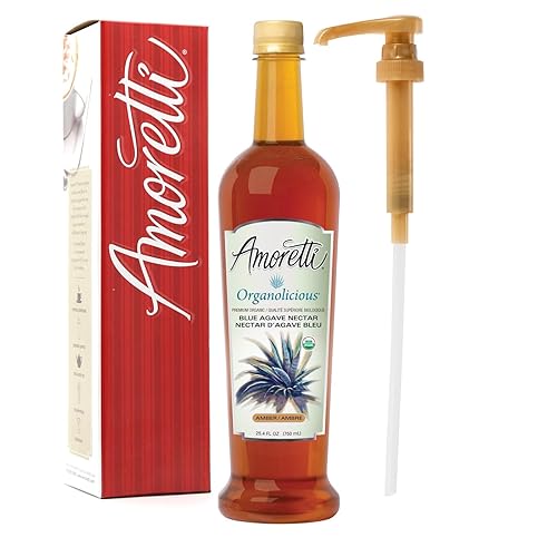 Amoretti - Néctar de agave azul ámbar orgánico de alta calidad (25.4 fl oz), con bomba para aromatizar cafés, cócteles, tés helados, helados,