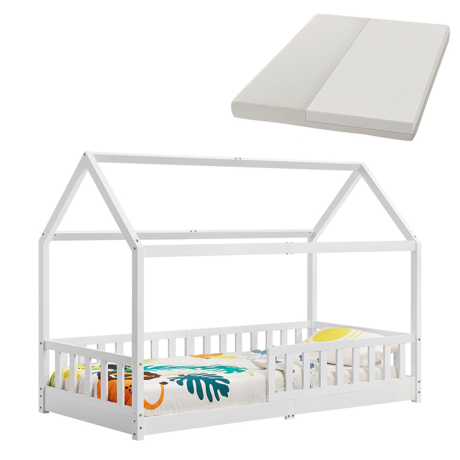 Juskys® Kinderbett Marli 90 x 200 cm mit Matratze, Rausfallschutz, Lattenrost & Dach - Massivholz Hausbett für Kinder - Bett in Weiß