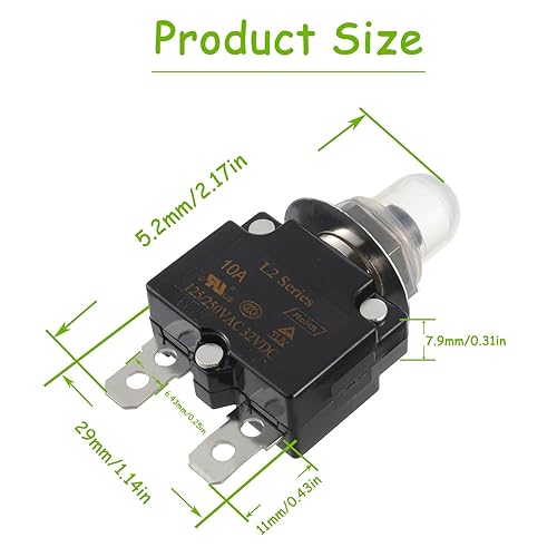 Miniatura 2 de Disyuntor de botón de reinicio manual de 10 A, 125250 V, CA, 32 V CC, disyuntor de generador con terminales de crimpado y kit de tapas impermeables