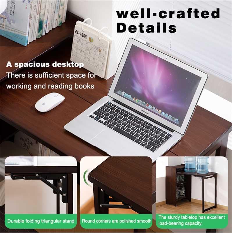 Image of Walnut Foldable Office Desk, Fold Out Convertible Hidden Computer Desk with Storage Shelves, Multi-Function Folding Murphy Writing Table for for Small Spaces, Home Office